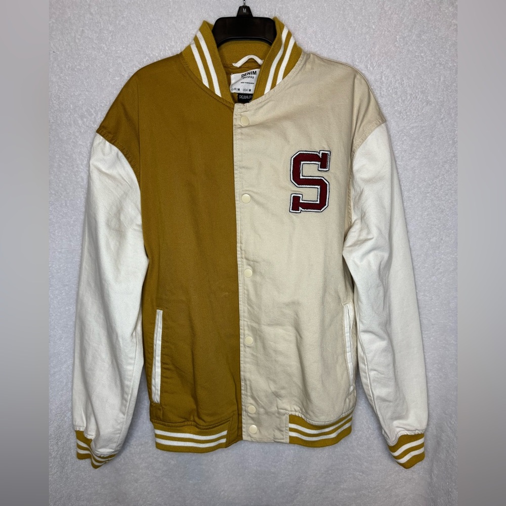 Bershka Peanuts varsity bomber jacket in tan and white
